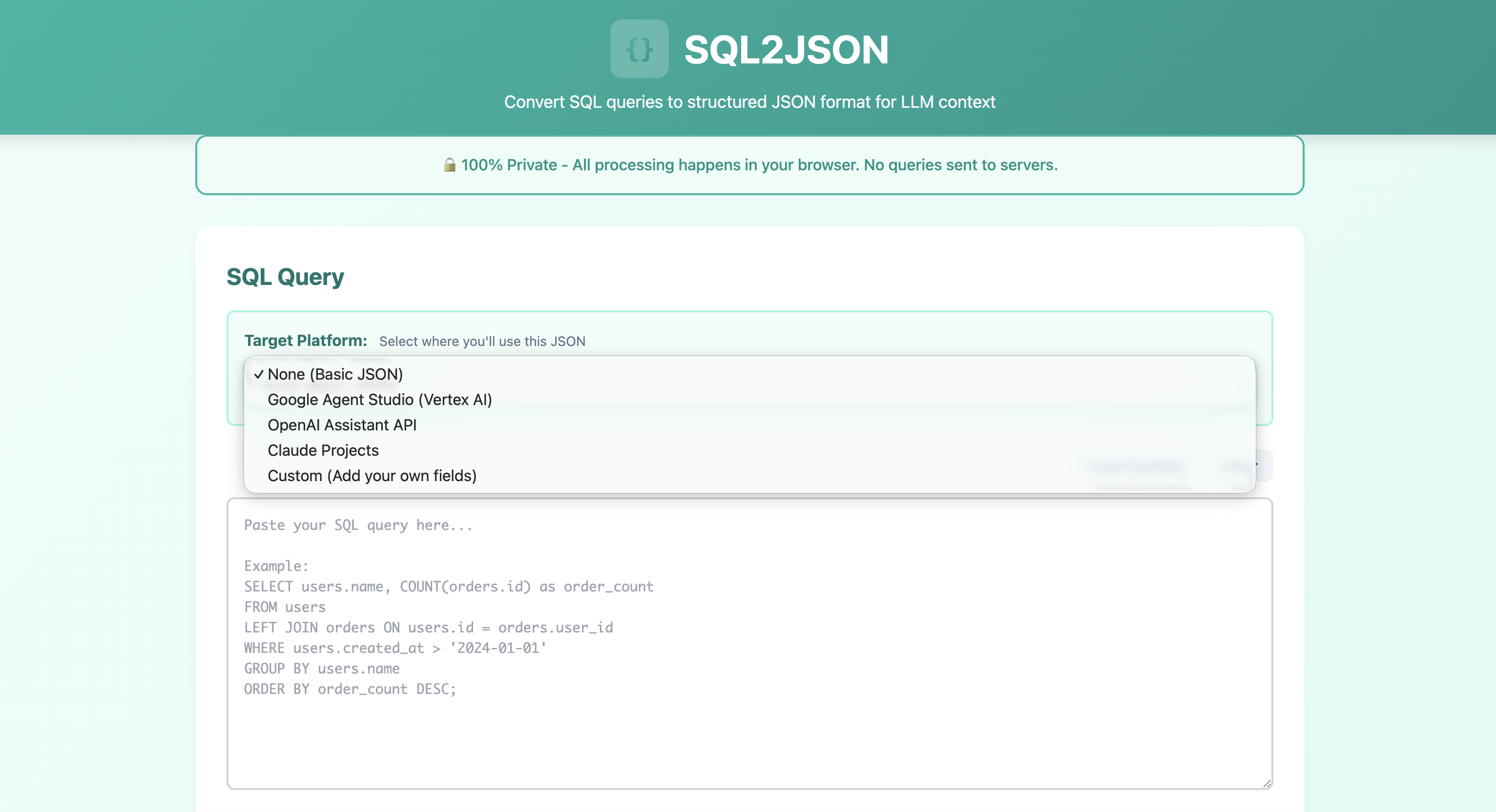 SQL2JSON Screenshot